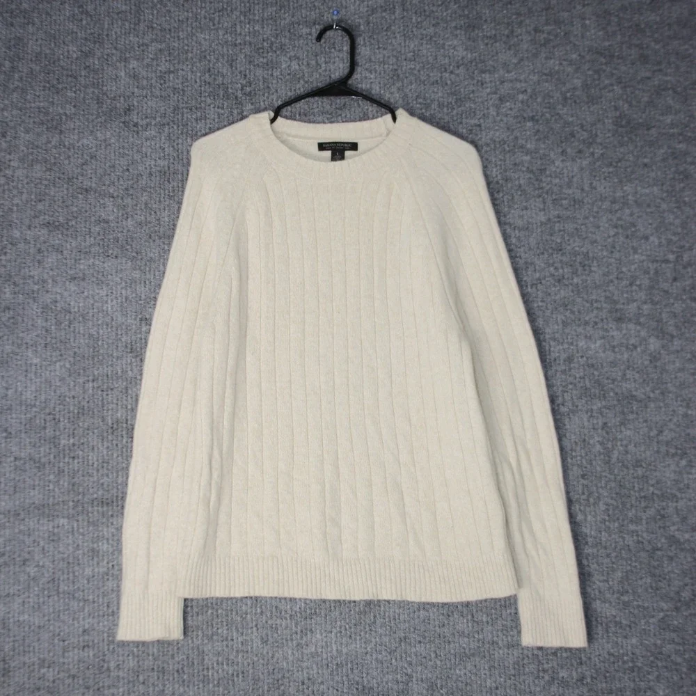 Banana Republic Sweater Mens L Cream Ribbed‎ Wool Blend Italian Yarn Pullover